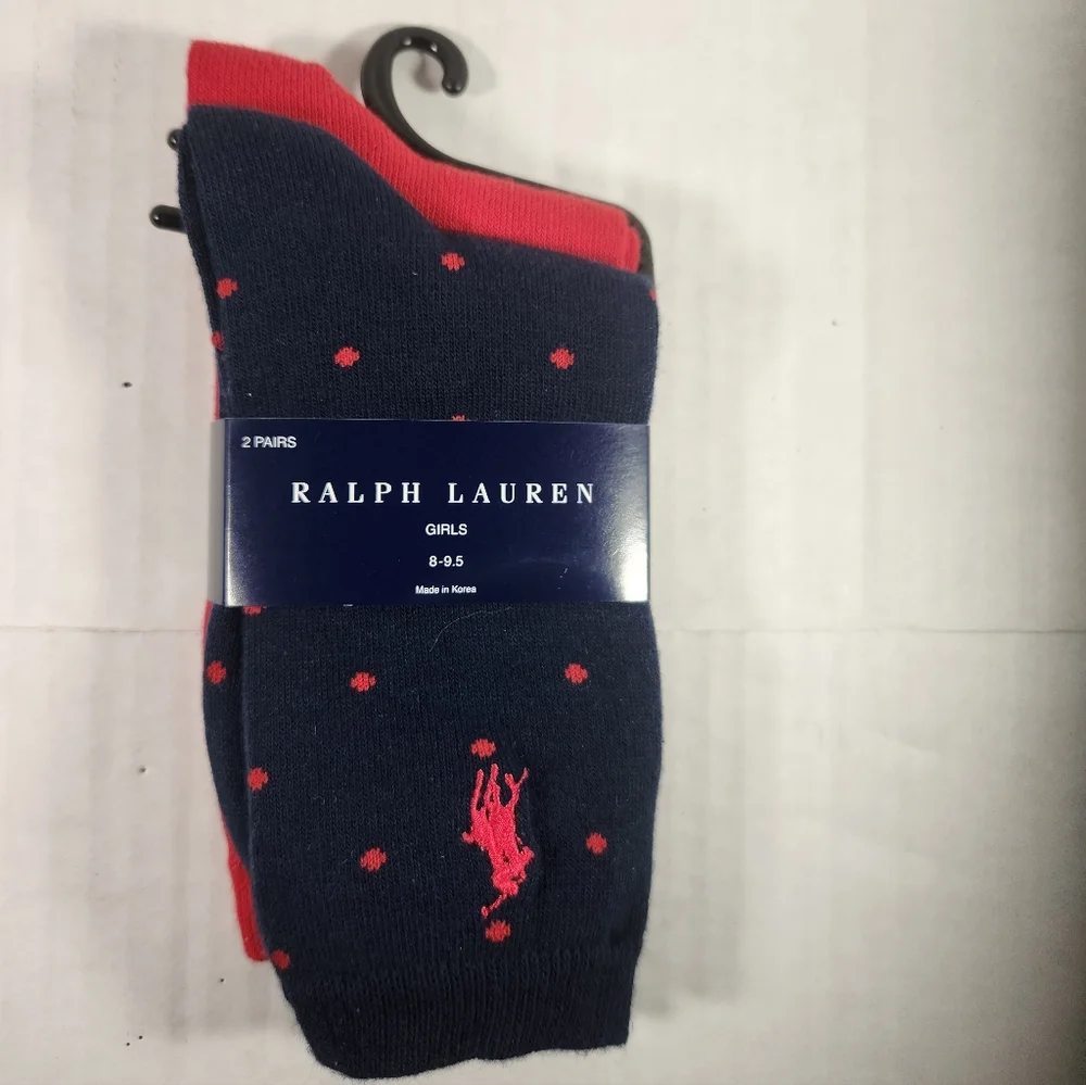 NWT Girl's Ralph Lauren 2 Pairs Dark Blue and Red Polka Dot Casual Socks